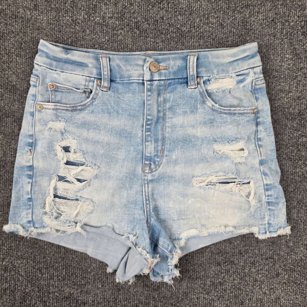 American Eagle Curvy Hi-Rise Shortie Shorts Womens 4 Distressed Denim Light Wash